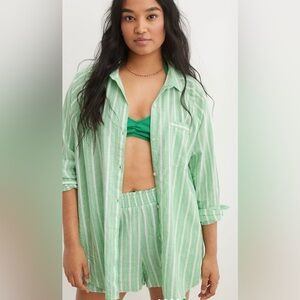 𝒂𝒆𝒓𝒊𝒆 Linen Blend Cover Up Shirt Button Collar Lightweight Pool